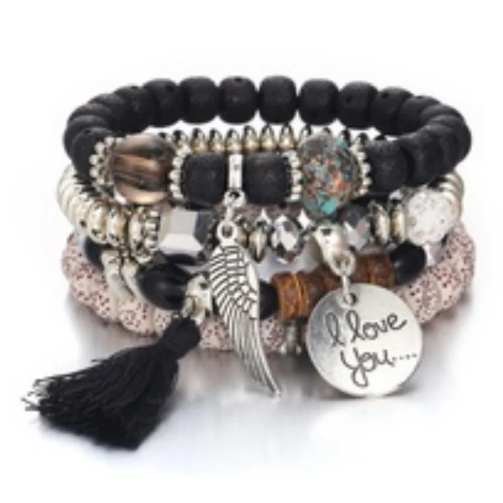 SEE NEW LISTING Black Beaded Multi-layer Bracelet With Tassel, 4 Bracelet Set - Picture 6 of 7